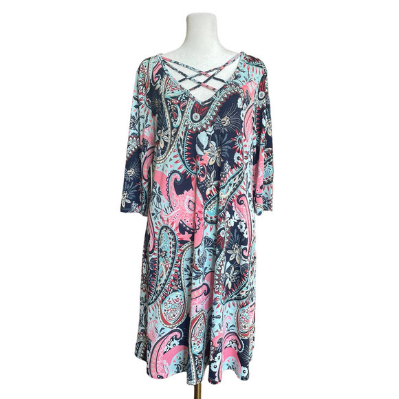 James C Paisley Dress V-Neck Women's Size Large Made in USA - Picture 1 of 11